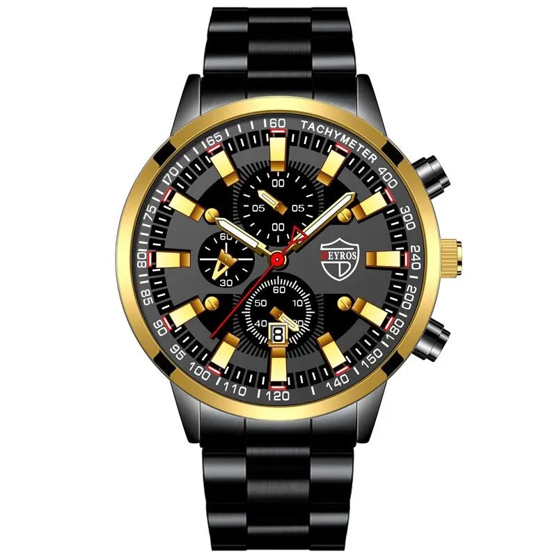 Luxury Men's Casual Fashion Business Golden Needle Digital Steel Band Quartz Watch Calendar Designed For Successful Men Classic