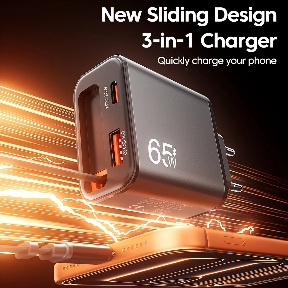 65W USB-C Wall Charger with Retractable Cable Super Fast Charging QC 3.0 USB PD for iPhone 17/16 POCO Xiaomi - Phone Chargers
