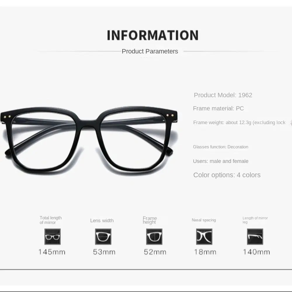 Unisex Glossy Black Square Anti Blue Light Glasses, Metal Rivet Decor PC Frame Clear Lens Computer Eyewear, Face Slimming Optical Spectacle Eyeglasses for Office Student Daily