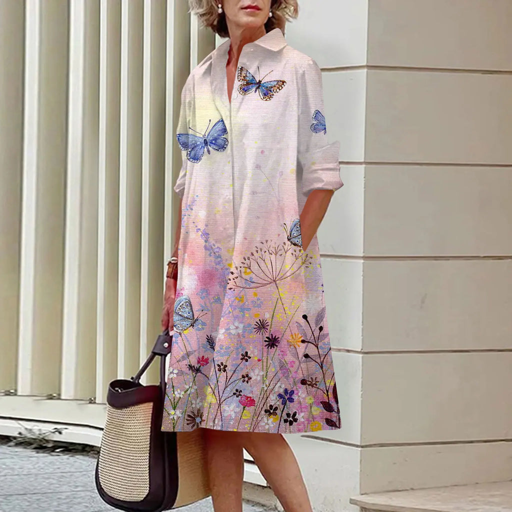 Summer New Women's Dresses Crushed Floral Long Sleeve Lapel Midi Luxury Women's Street Women's Shirt Pocket Temperament 2023