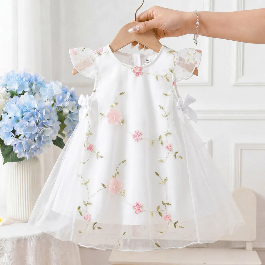 Toddler Fly Sleeve Floral Embroidery Tulle Dress Infant Birthday Princess Outfit