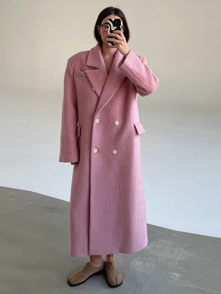 Women's Long Overcoats Lapel Full Sleeve Oversized Woolen Coats Autumn Female Double Breasted Solid Loose Jackets New Outerwears