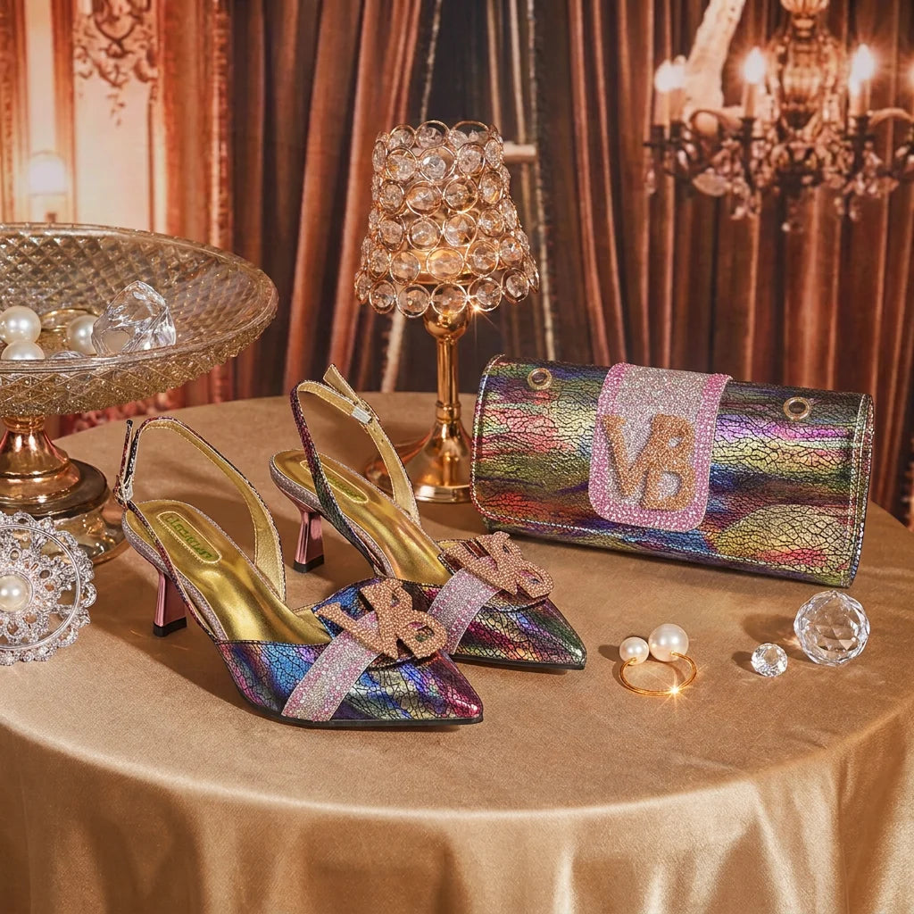 2026 Women Shiny Holographic Rainbow Slingback Heel Matching Bag Set Sparkly Rhinestone Letter Embellished Pumps for Wedding