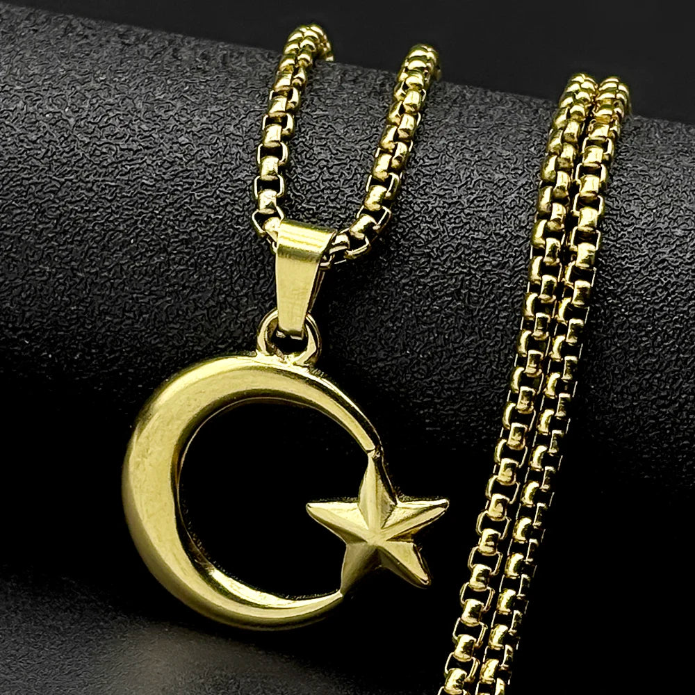 Muslim Islam Crescent Moon Star Stainless Steel Chain Necklaces for Women Men Gold Plated Pendant Necklace Amulet Jewelry Gift