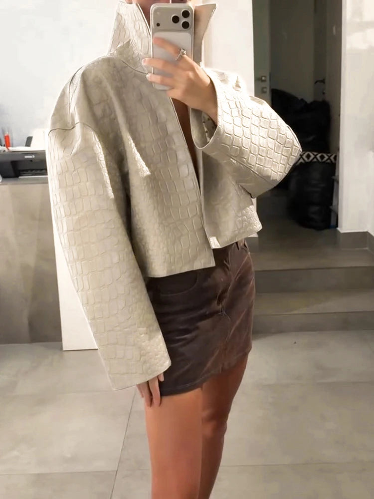 Street Grain Leather Jackets Women High Neck Long Sleeves Loose Pu Coats Female 2026 Autumn New Chic Fashion Solid Chic Outwears