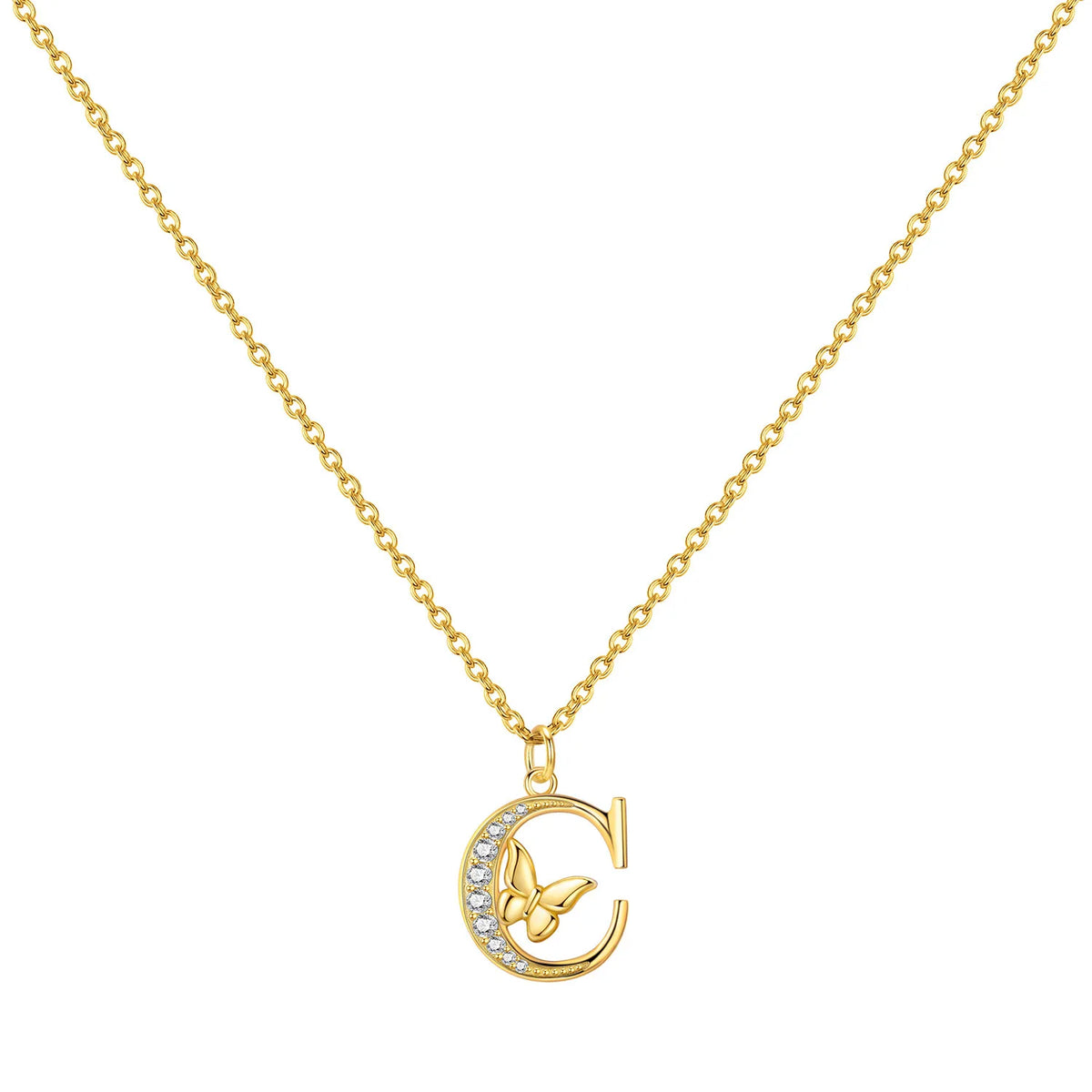 Original 925 Sterling Silver 18K Gold Zircon Butterfly A-Z 26 Letter Y-shaped Chain Necklace For Women Commemorate Jewelry Gift