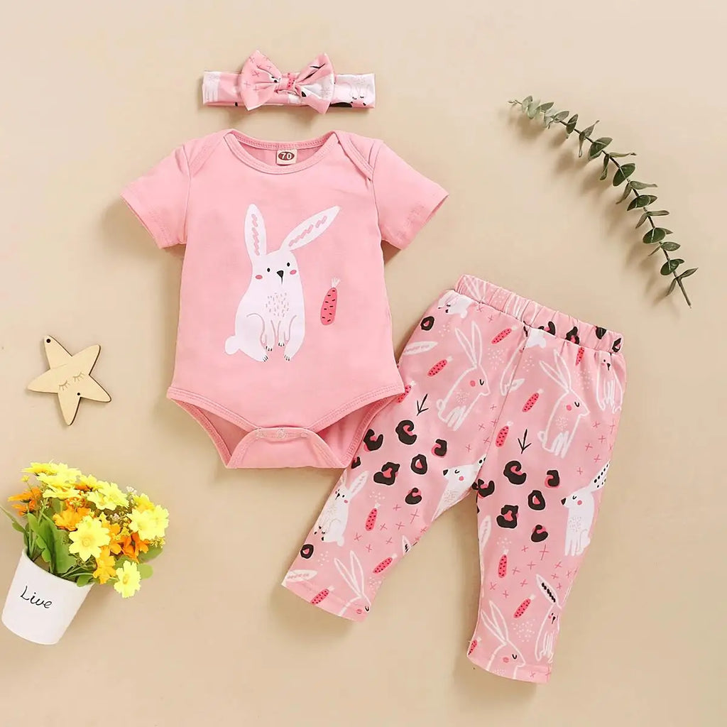 Newborn Baby girl Set Round neck Lovely Rabbit Print Romper+Pants+ Bow Knot 3Pcs 0-18 Month Baby Girl Suit Summer Casual Set