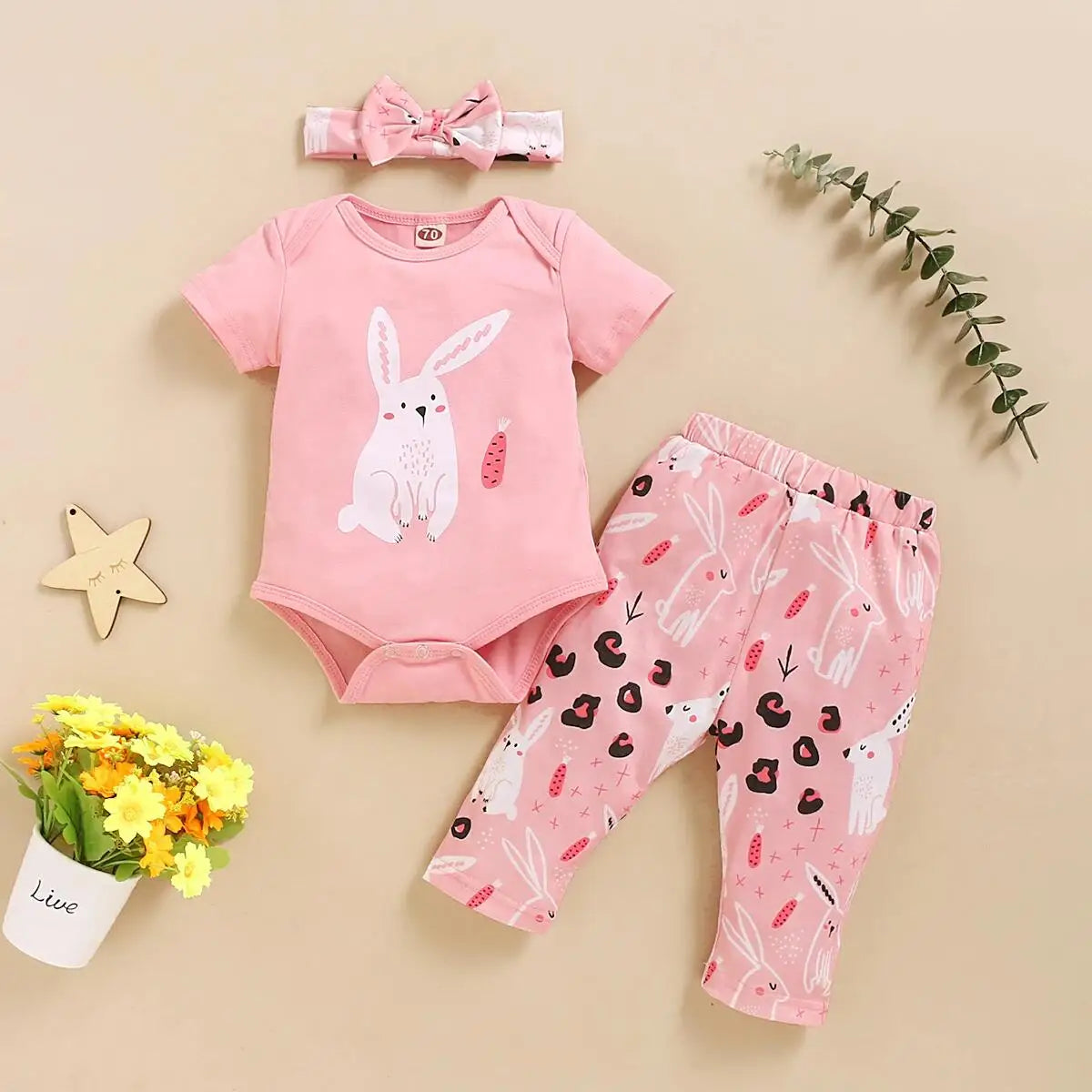 Newborn Baby girl Set Round neck Lovely Rabbit Print Romper+Pants+ Bow Knot 3Pcs 0-18 Month Baby Girl Suit Summer Casual Set