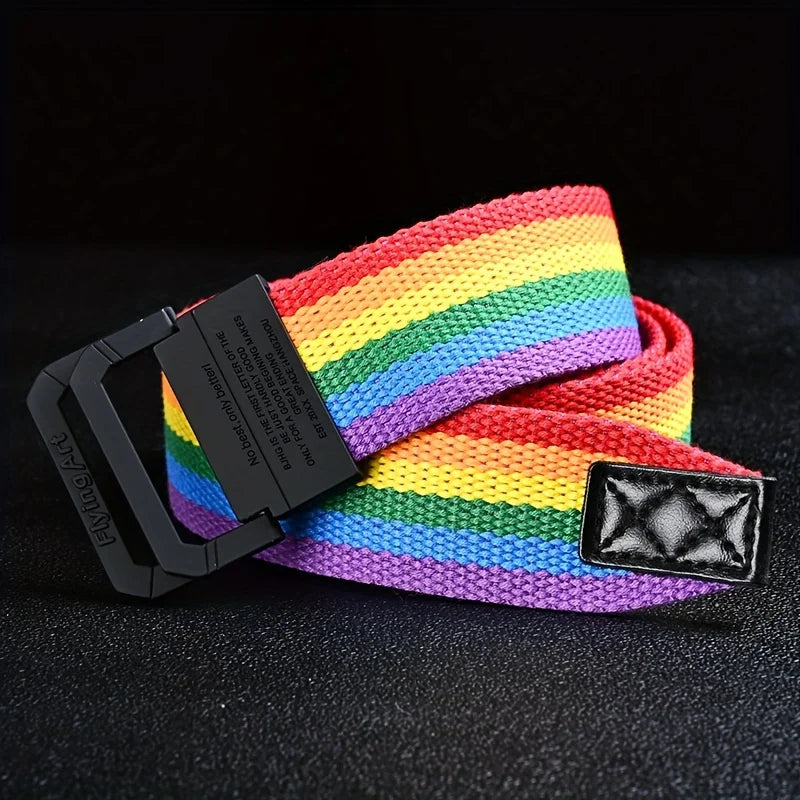 Seven Color Double Ring Buckle Rainbow Canvas Belt For Women Men, Casual Pants Belt