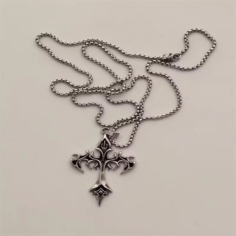 Vintage Cross Pendant Necklace Unisex Versatile Simple Long Sweater Chain Hip Hop Accessory