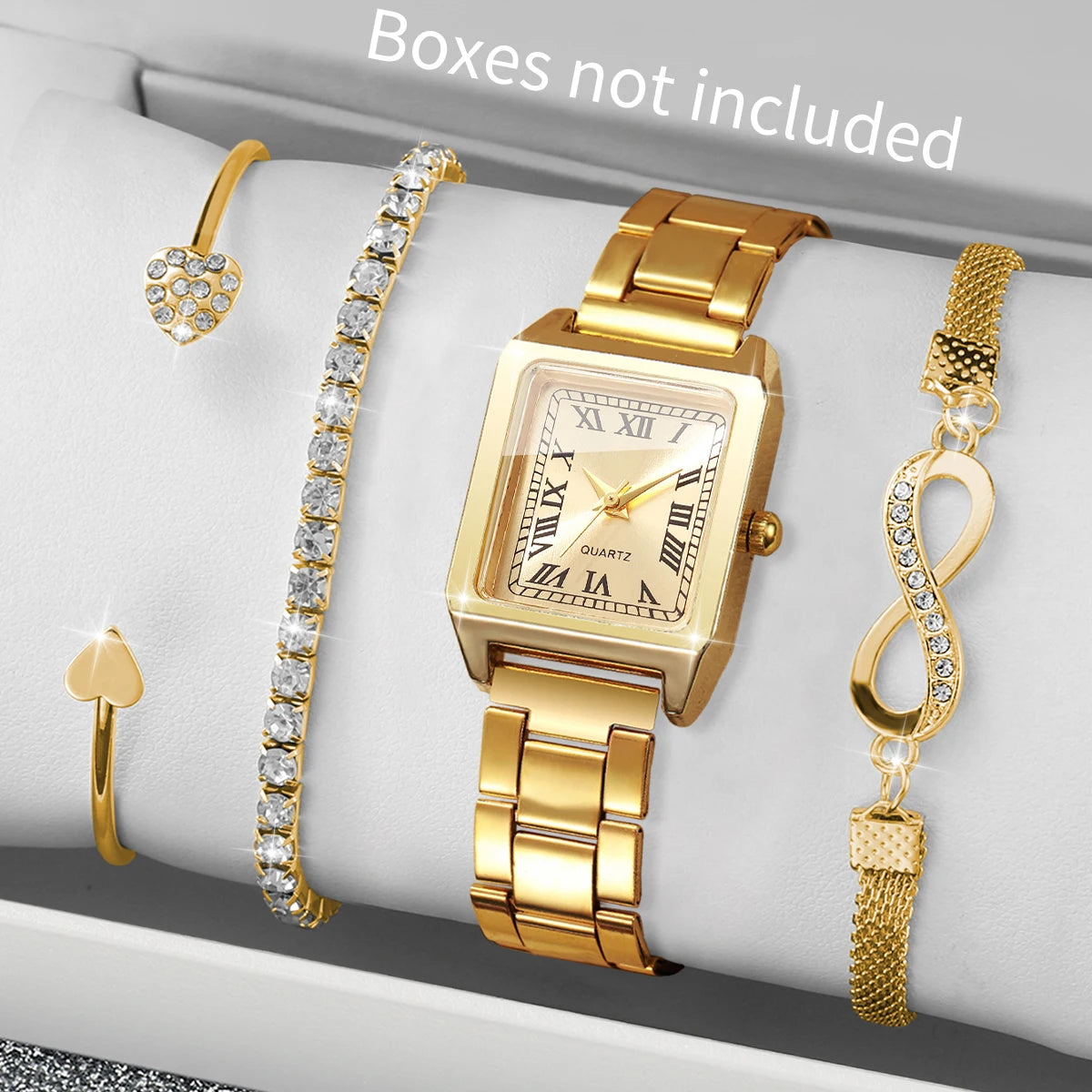 4PCS Fashion Square Roma Dial Women Quartz Watch Diamond Bracelets Set Luxury Alloy Strap Ladies Wristwatches (Without Box)