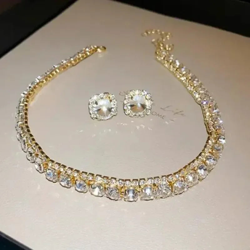 Luxury Crystal Necklace Earrings Set Pink ABcolourful Necklace for Women Weddings Party Jewelry Sets Accessories