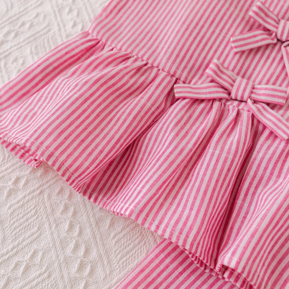 Humor Bear Summer Girls' Suits Pink vertical stripe Bow Sleeveless Vest Top+Pants Two-piece Set Sweet Kids' Clothing Sets