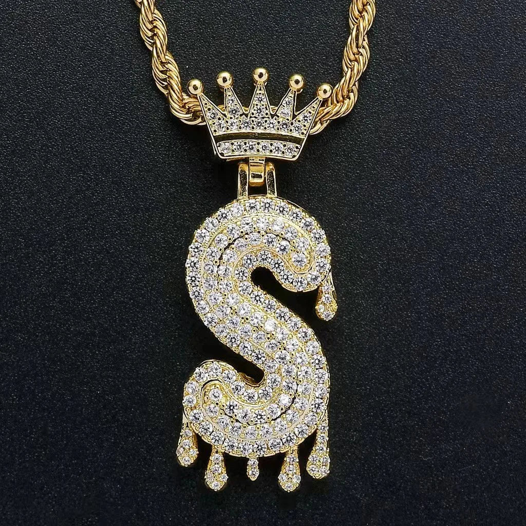 Hip Hop Iced Out Bling Cubic A-Z Drip Crown Zircon Initial Letters Necklaces Pendant Necklace Chain Men Jewelry with Rope Chain