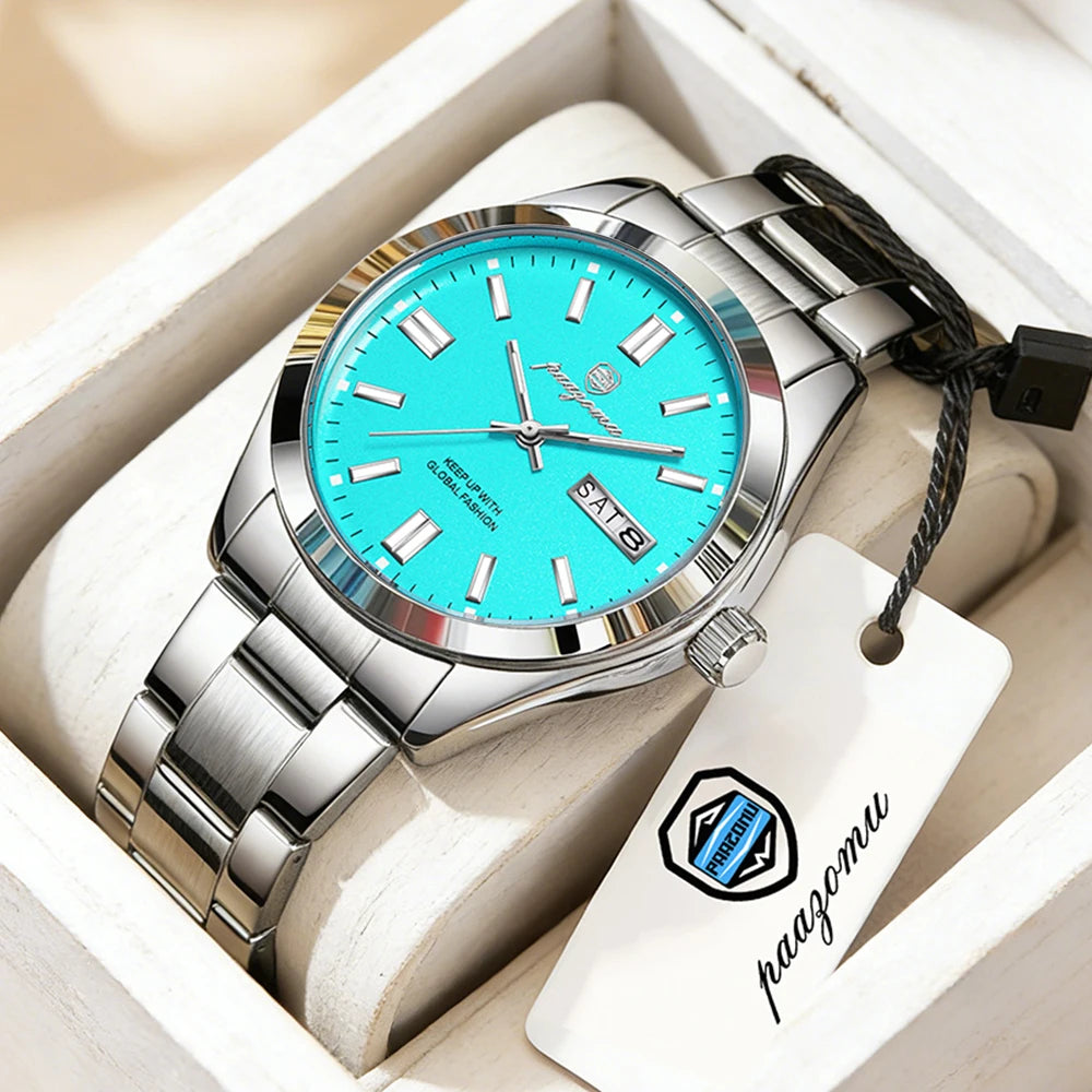 PAAZOMU Men's Analog Quartz Watch with Day Date Stainless Steel Band Waterproof Fashion Wristwatch for Men