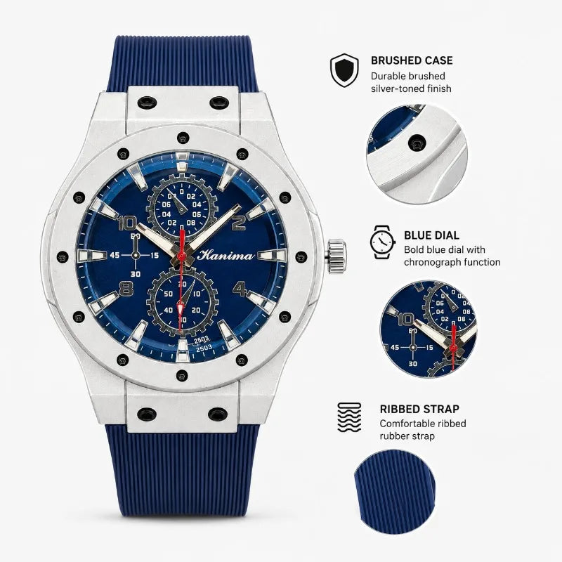 Blue-Dial Quartz Watch with Silicone Strap