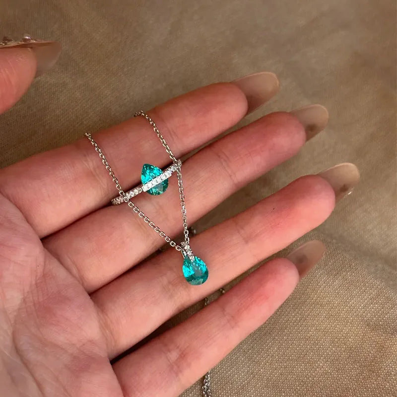 S925 Silver Blue Geometric Water Drop Necklace Women CZ Pendant Elegant Hypoallergenic for Important Occasions Gift for Friends