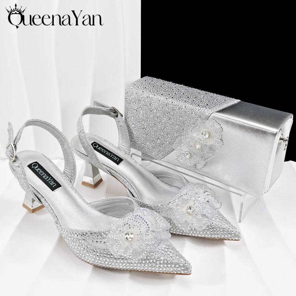 QueenaYan Elegant African-Inspired Evening Shoes and Handmade Clutch Set Pointed Toe High-Heel Women's Footwear and Matching Bag