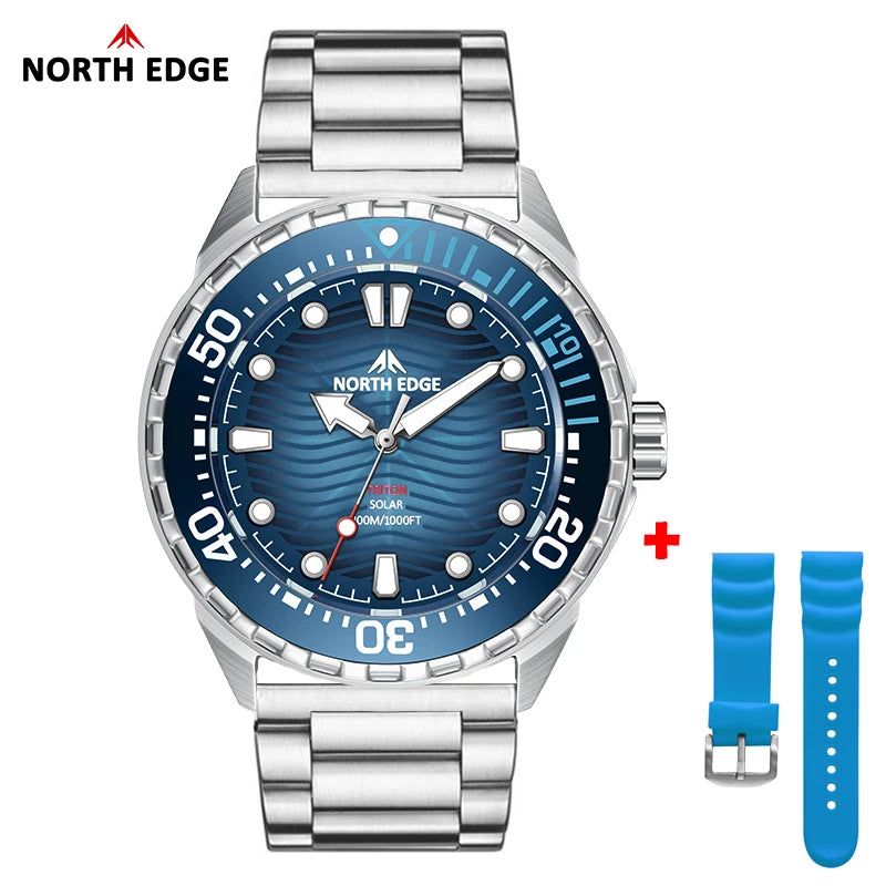 NORTH EDGE TRITON-TI Titanium Stainless Solar-Powered Diving Watch Luxury Quartz Watches For Men 300M Waterproof 180+ Day Power