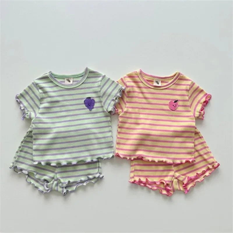 Summer New Baby Striped Short Sleeve Clothing Set Girl Ear Edge Tops + Short 2 Pieces Suit Kids Grape Pattern Clothes Items