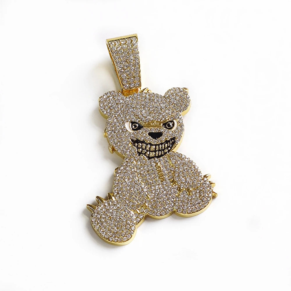 Hip Hop Aggressive Bear Pendants Necklaces with Miami Cuban Link Chain Brown Bear Men's Women Choker Collar Jewelry Accessories