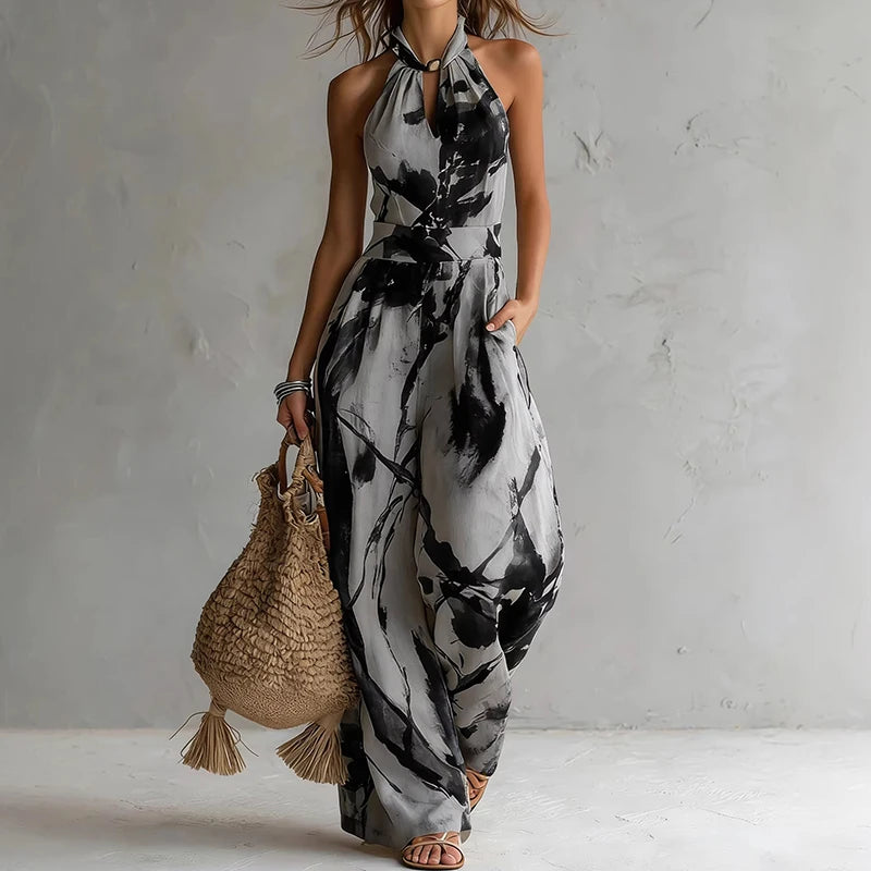 Women Summer Halter Sleeveless Jumpsuit Print Patchwork Wide Leg Pants Playsuit Hollow Out Backless Lace-Up Bodysuit Streetwear