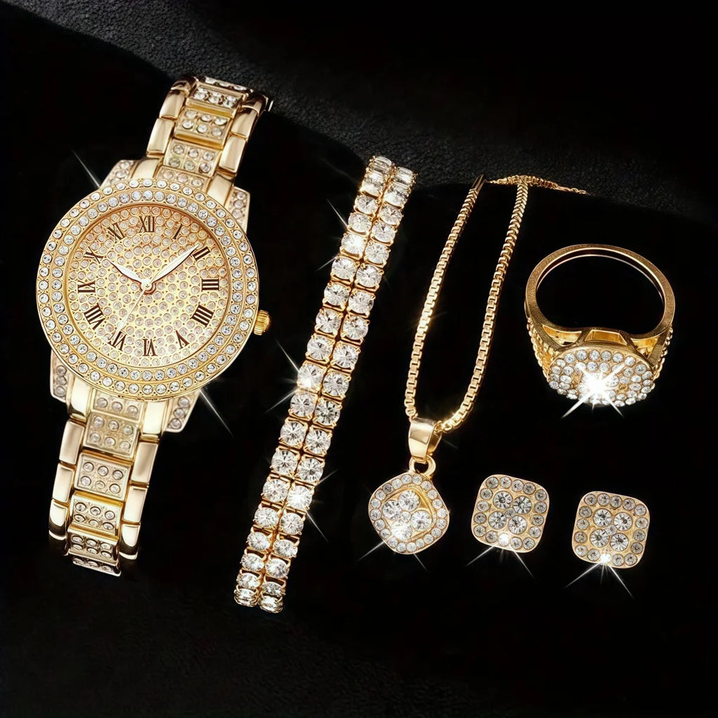 Full Diamond Roman Literal Steel Strip Watch with Starry Charm Business Quartz Watch Set