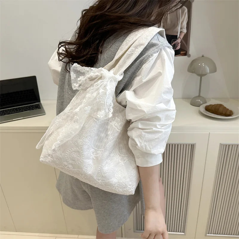 Casual Lace Embroidery Shoulder Bags for Women Simple Versatile Ladies Handbags Large Tote Lightweight Commuter Female Vest Bag