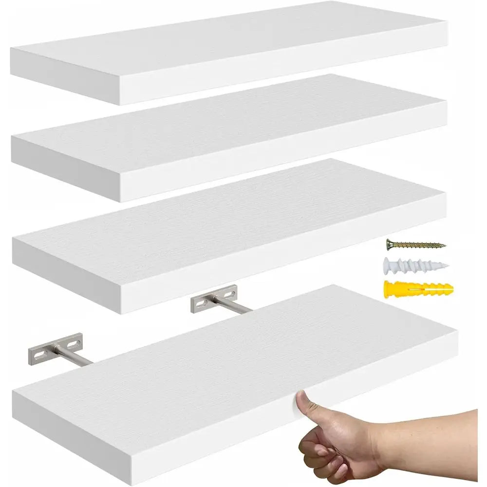 16 White Floating Shelves, Rustic Wood Wall Set of 4, Room Decor/Storage/Display, Small Bookshelf, Wall Mounted Hanging Shelves