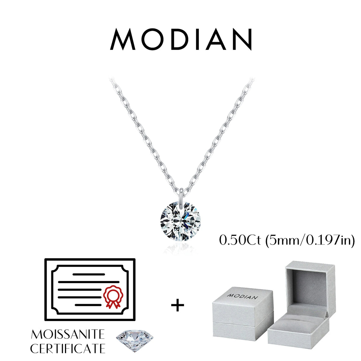 MODIAN 0.1CT/0.3CT/0.5CT VVS1 Clarity Moissanite 925 Sterling Silver Classic Round Pendant Necklace For Women Fine Jewelry