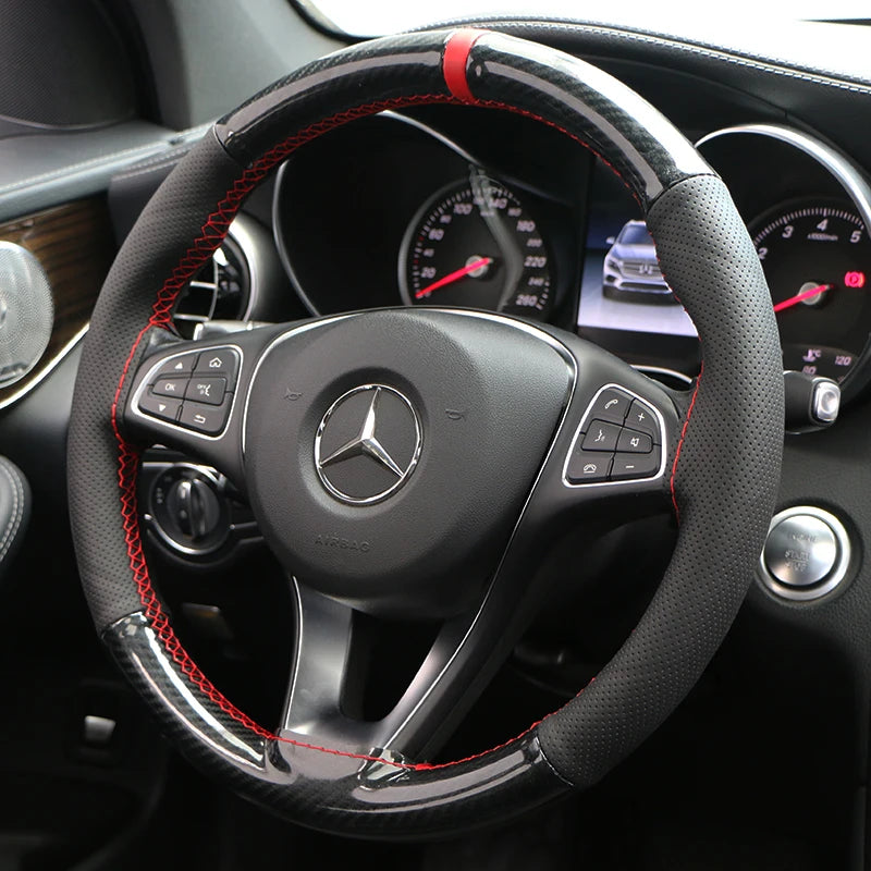 2025 New Carbon Fiber Hand Stitched Car Steering Wheel Cover for Universal 38cm Wheels Luxury Fashionable Durable Black Brown