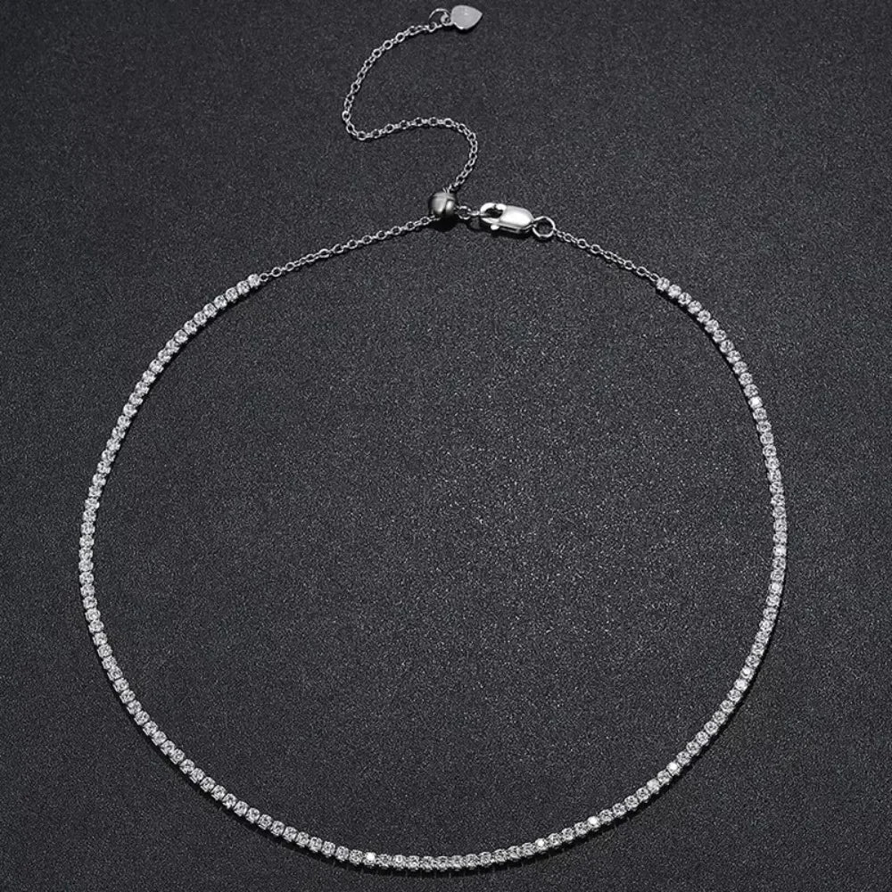 FEOBUR 2mm Moissanite Tennis Necklaces for Women S925 Silver Plated 18K Gold Adjustable Full Diamond Choker Neck Chain Jewelry