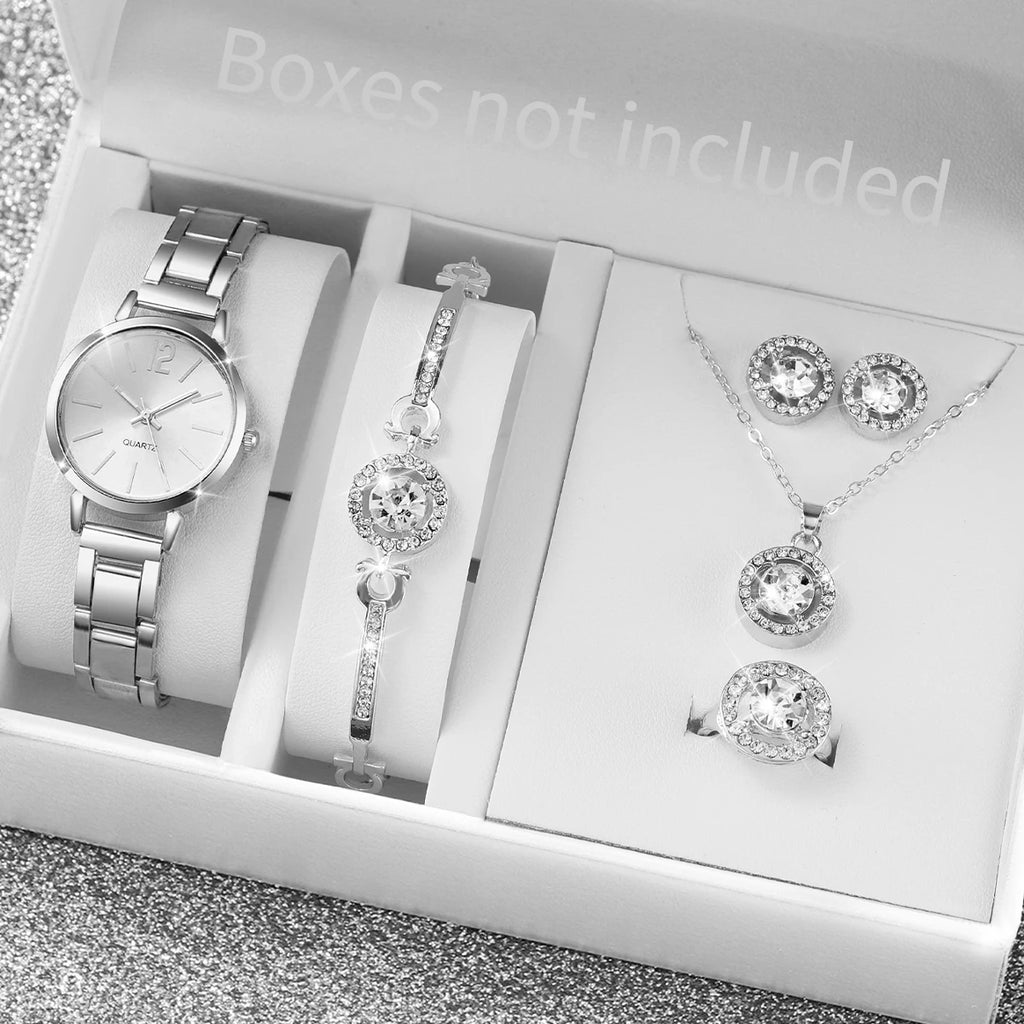 6PCS/Set Fashion Women's Quartz Watch Stainless Steel Band Wrist Watches Diamond Jewelry Set(Without Box)