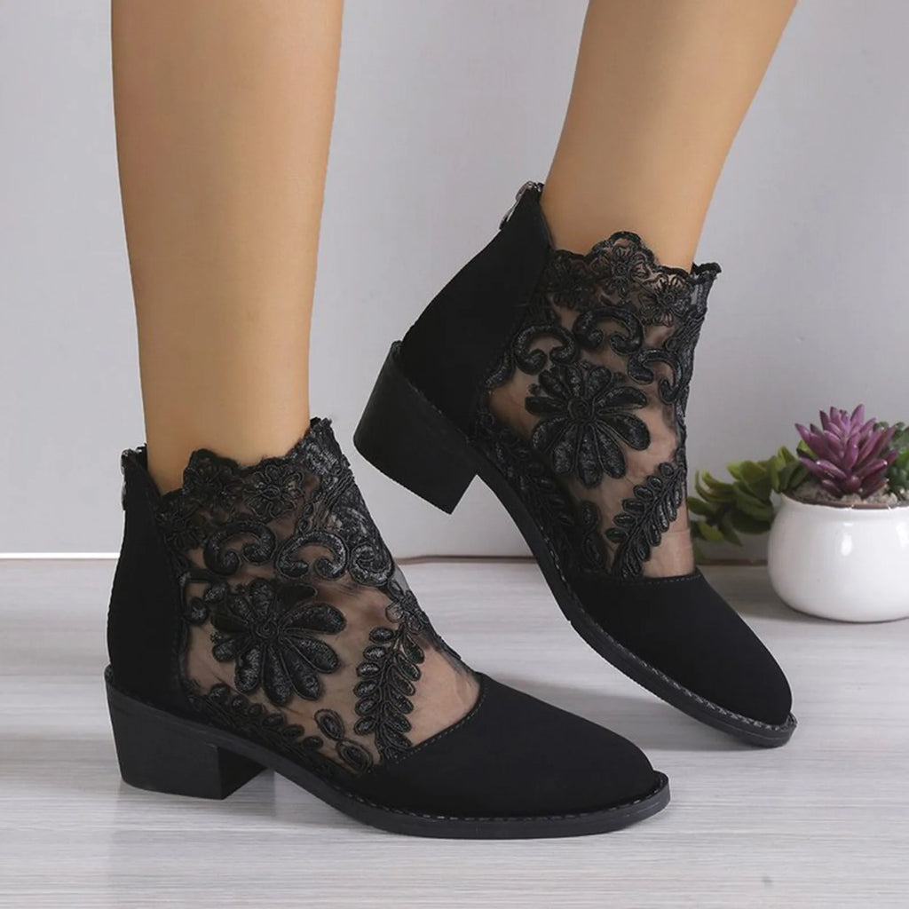 Women's Sandals Embroidery Fish Mouth Shoes Mid-Heel Large Size Women's Shoes Breathable Women's Shoes Lace Mesh High Heels