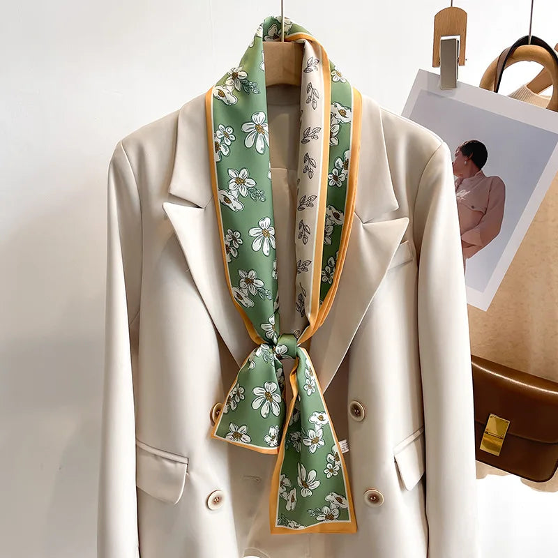 Floral Print 12*145cm Long Ribbon Silk Scarf Women Neck Scarves Headband Female Skinny Neckerchief Hair Band Neck Tie Bag Ribbon