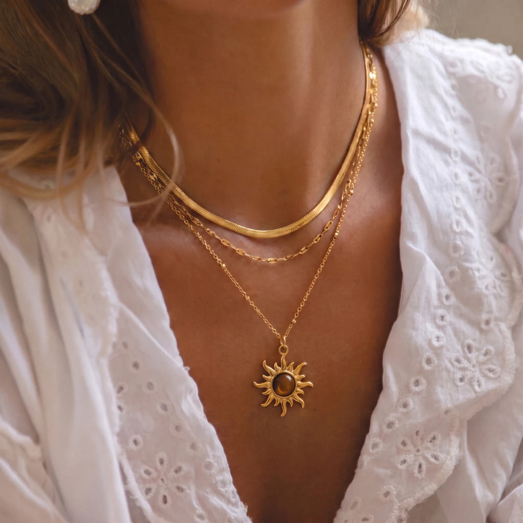 Tiger Eye Stainless Steel Sun Layered Necklace Set for Women Gold Plated Herringbone Chain Party Jewelry Gift for Her Waterproof