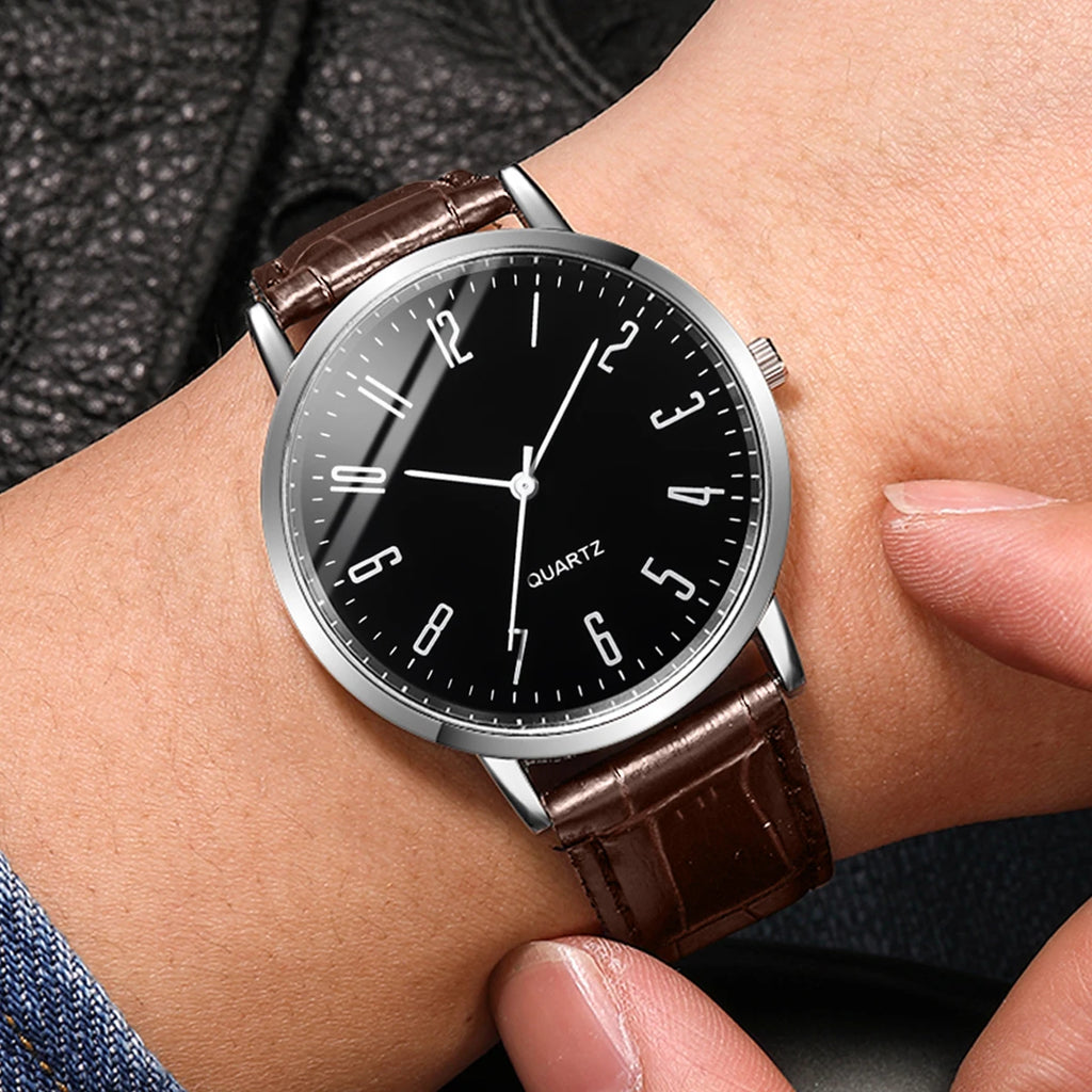 4PCS Men's Watches Casual Arabic Dial Leather Band Quartz Watch Vintage Bracelets Set（Without Box）