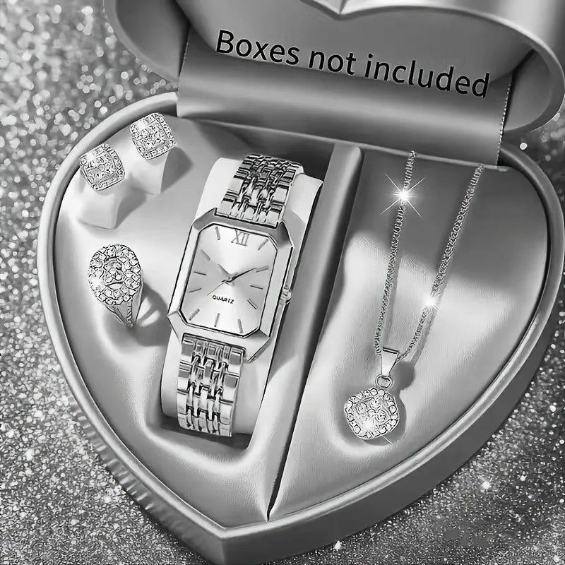 5PCS Elegant Rectangle Rhinestone Quartz Watch Jewelry Set Fashion Women Watches Reloj Mujer Girl Clock Gift（Without Box）