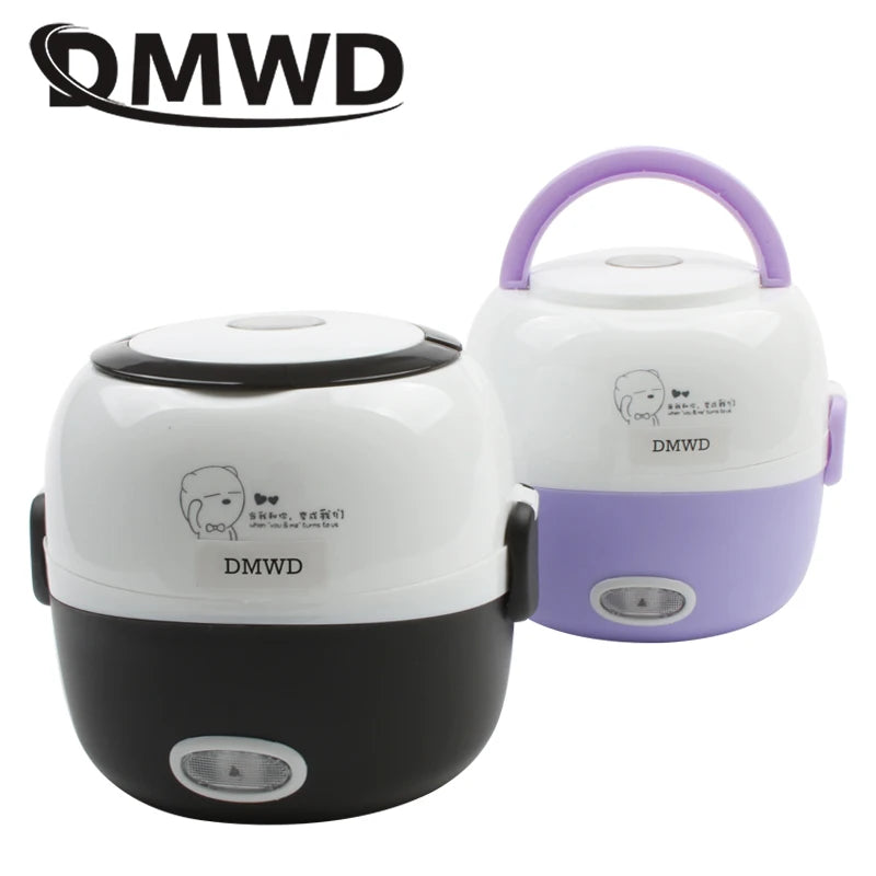DMWD MINI Rice Cooker Thermal Heating Electric Lunch Box 2 Layers Portable Food Steamer Cooking Container Meal Lunchbox Warmer