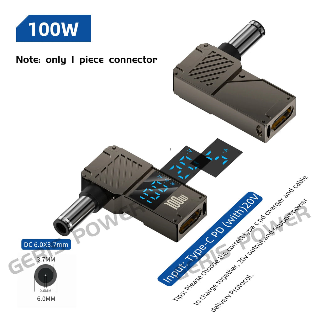 LED Display PD 100W Laptop Power Supply Adapter Charger Connector USB Type C PD to DC Jack Plug Converter for Lenovo Hp Dell