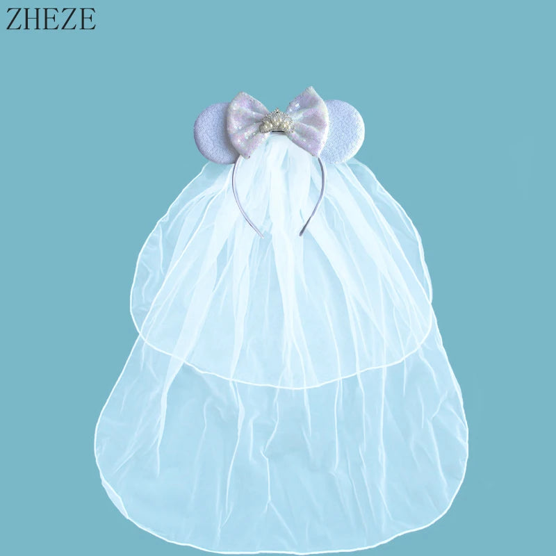 White Day Mouse Ears Headband With Veil Sequins 5"Bow Headwear For Women Festival Hairband Single Party DIY Hair Accessories