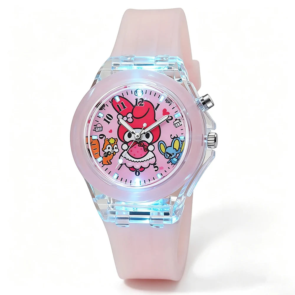 Cute Cartoon Pink Melody Style Kids Watches with Light-Up Silicone Strap Purple Black Kuromi Girls Watch Child Quartz Clock Gift