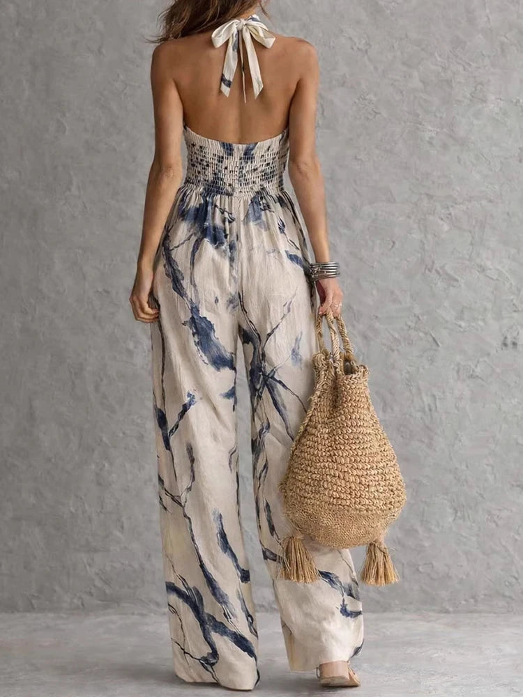 Women Summer Halter Sleeveless Jumpsuit Print Patchwork Wide Leg Pants Playsuit Hollow Out Backless Lace-Up Bodysuit Streetwear