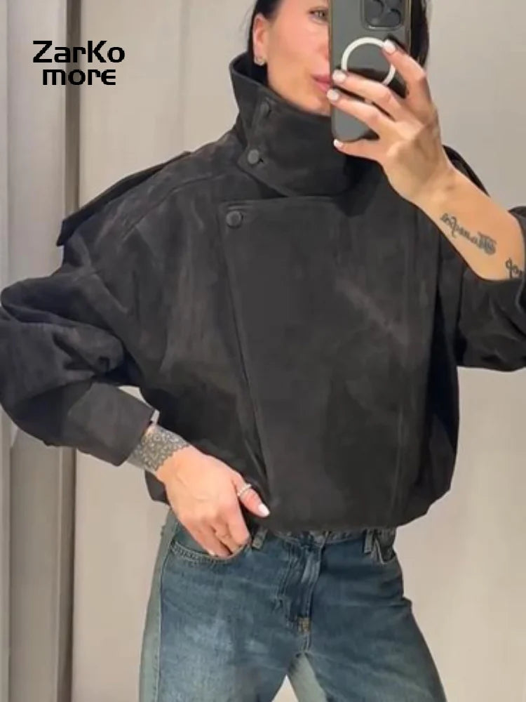 Fashion Dark Gray Suede Bomber Jacket Women Stand Collar Full Sleeve Oversize Asymmetric Street Coats 2026 Autumn Lady Jackets