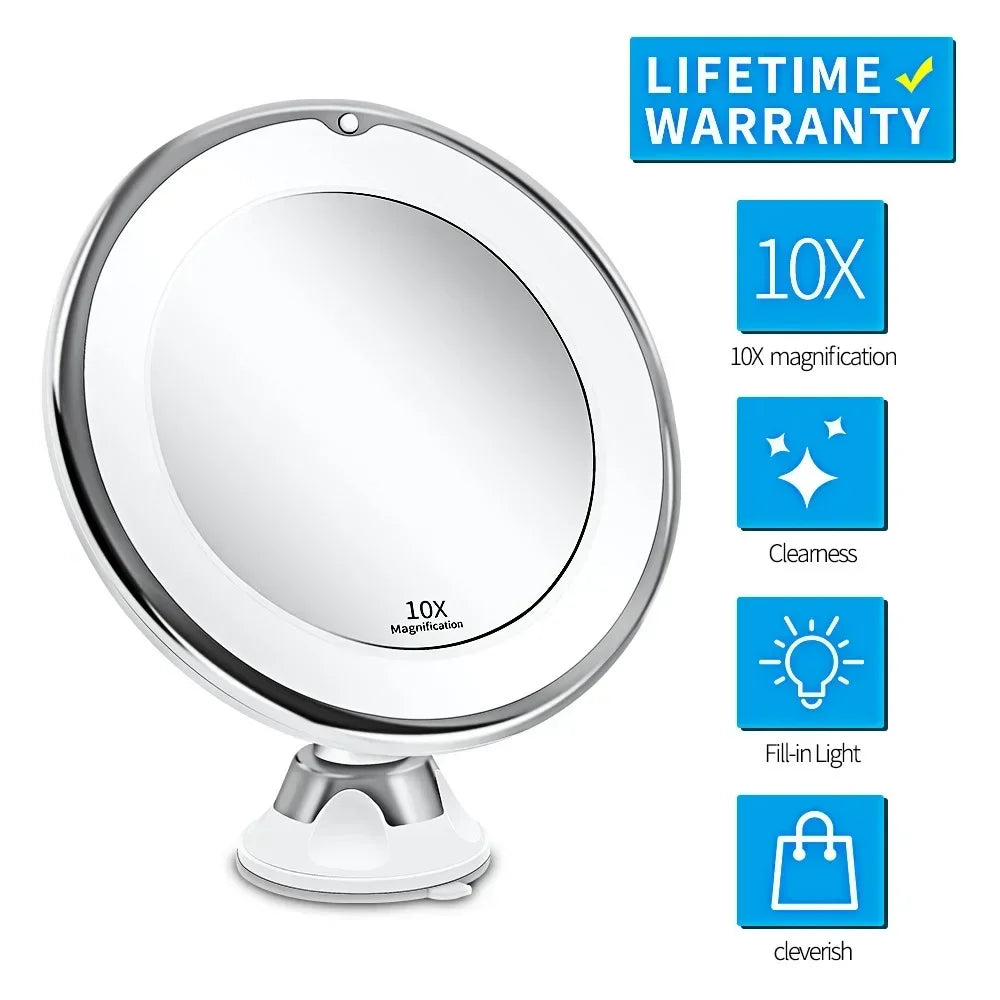 Flexible 10x Magnifying Vanity Mirror with LED Lighted Makeup Mirror Lighting Dressing Makeup Lamp Bottom Sucker