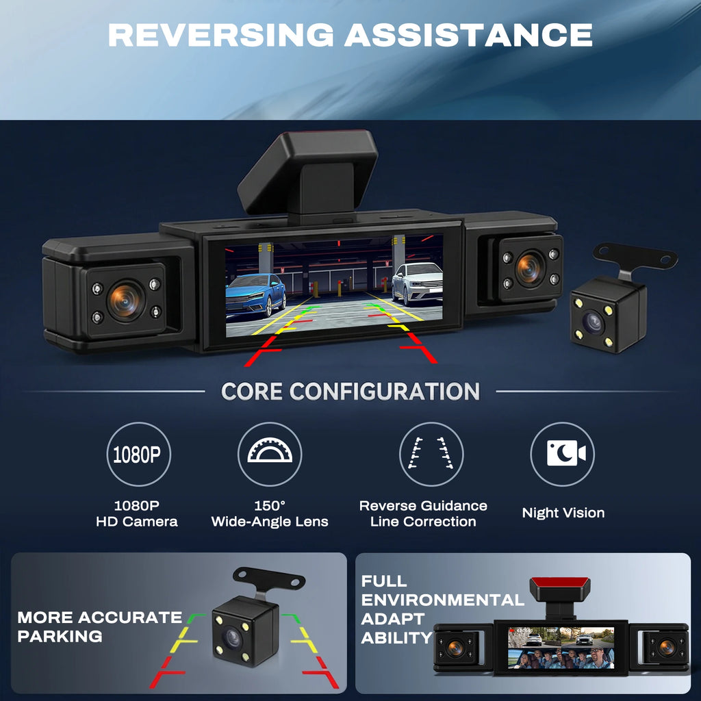 Podofo 3.16'' Dash Cam Four Lens Video Recorder With 480p Left Interior, Right Interior, And Rear View Cameras With Loop Recording, Exposure Compensation Car Parking, Driving Assistance Camera Recorder