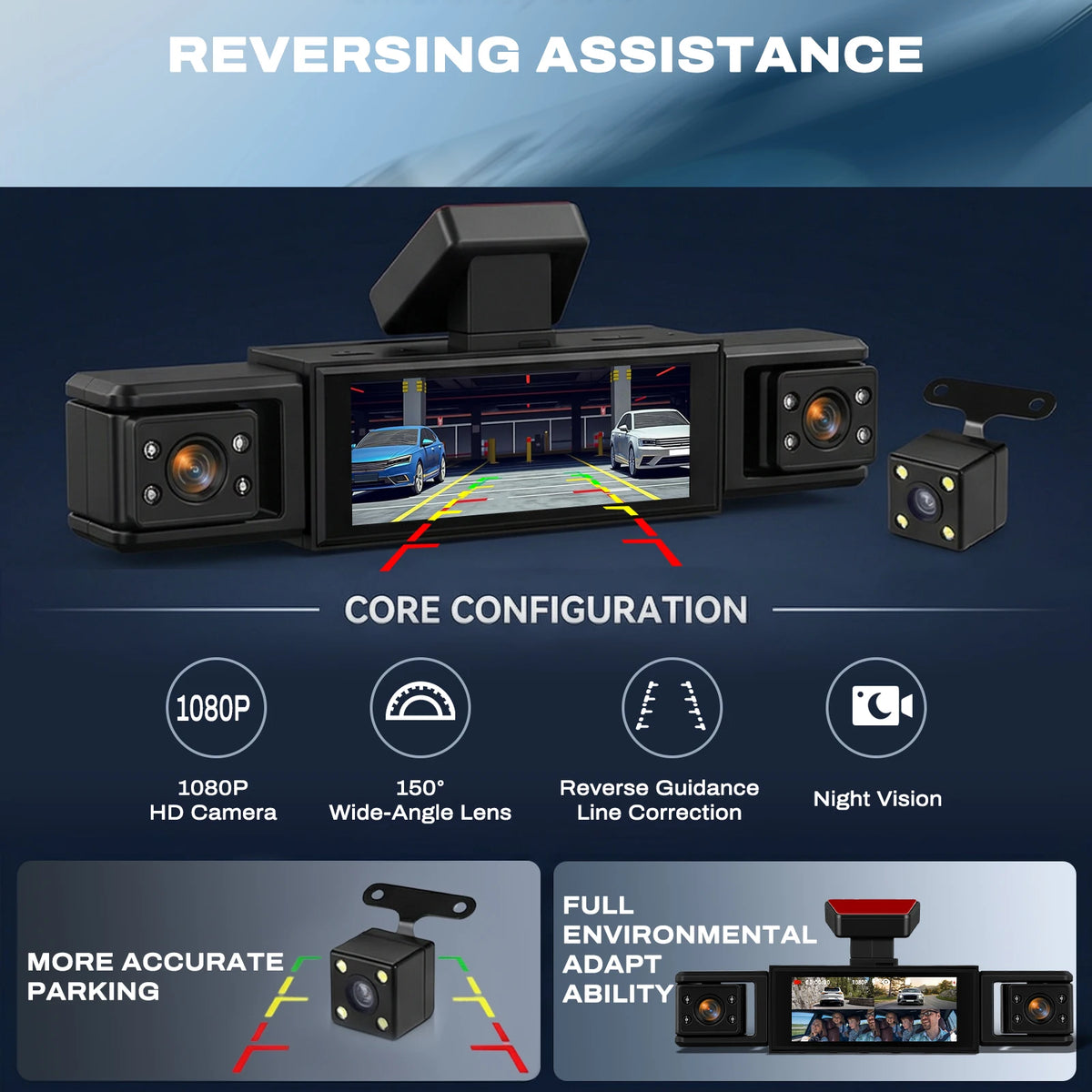 Podofo 3.16'' Dash Cam Four Lens Video Recorder With 480p Left Interior, Right Interior, And Rear View Cameras With Loop Recording, Exposure Compensation Car Parking, Driving Assistance Camera Recorder