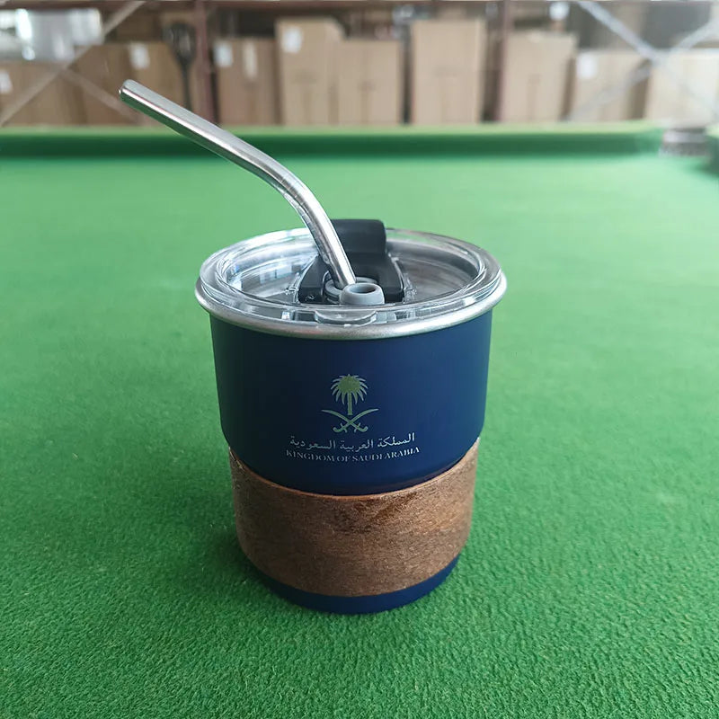 National Emblem of Saudi Arabia Logo Stainless Steel Cup Beer Mug with Lid wood 300ml Outdoor Camping Coffee Mug Includes straw