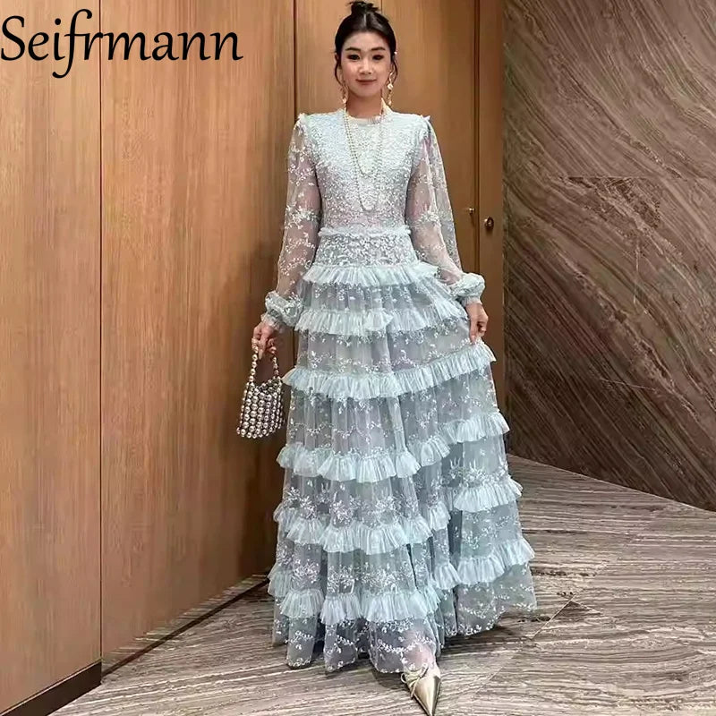 Seifrmann 2026 Spring Women's New Fashionable Round Neck Long Sleeve Mesh Embroidered Waist cinching Long Dress