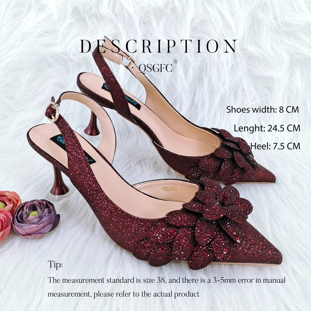 New Sky Blue Satin Handmade Flowers Shoes And Bag African Women's Banquet Pointed Toe Heels Matching Shoes And Bag Wedding Party